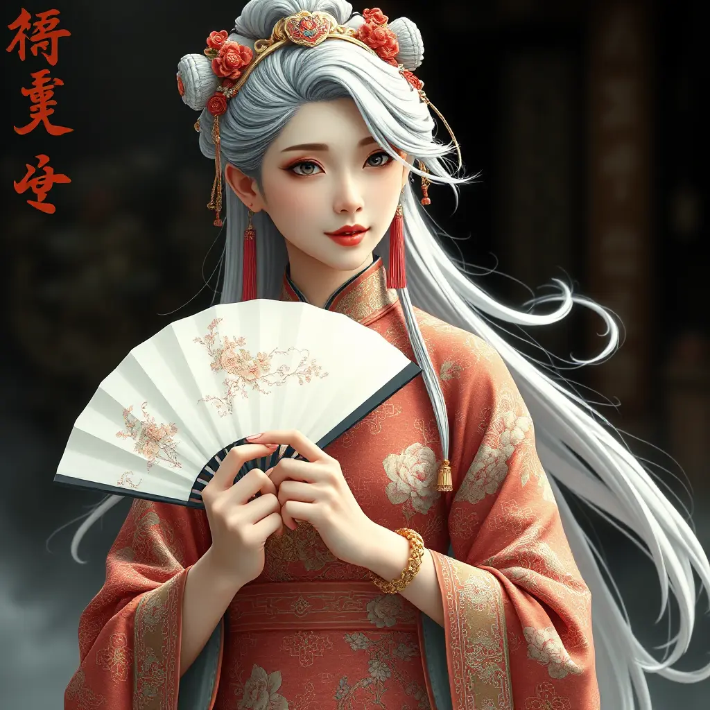 An ancient beauty with snowy white hair, dressed in an intricately embroidered traditional Chinese qipao, holding a jade fan while looking towards the viewer, Highly Detailed, Half Body, Gorgeous, Stunning, Elegant by Stanley Artgerm Lau