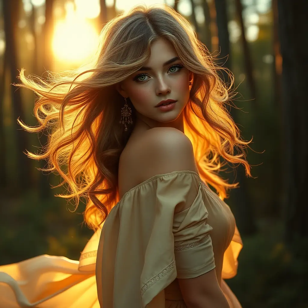 A radiant woman with flowing sun-kissed hair, emerald eyes, and a flowing silk gown, reminiscent of a Pre-Raphaelite masterpiece, in a serene forest at golden hour, Highly Detailed, Half Body, Gorgeous, Stunning, Elegant by Stanley Artgerm Lau