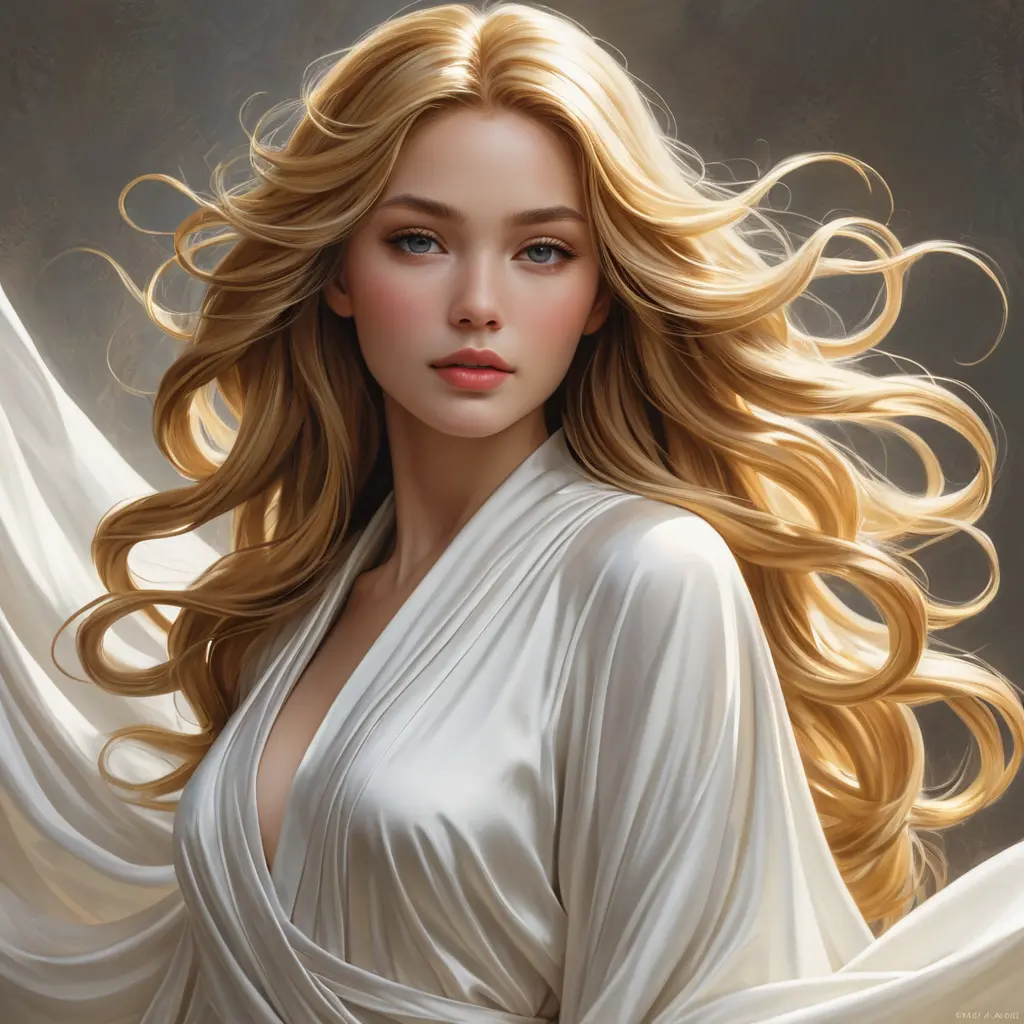 a timeless goddess with cascading golden hair and a serene expression, draped in flowing white robes, Highly Detailed, Half Body, Gorgeous, Stunning, Elegant by Stanley Artgerm Lau