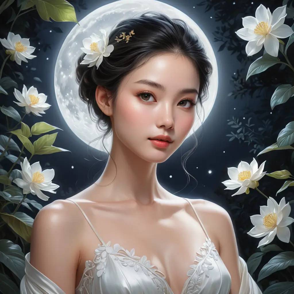 A serene and ethereal woman with delicate, petal-like features, amidst a moonlit garden, Highly Detailed, Half Body, Gorgeous, Stunning, Elegant by Stanley Artgerm Lau