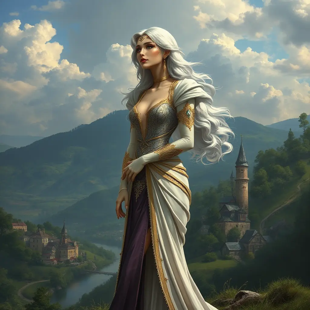 A majestic lady with an enigmatic smile and platinum hair, standing atop a hill overlooking a picturesque village, Highly Detailed, Half Body, Gorgeous, Stunning, Elegant by Stanley Artgerm Lau