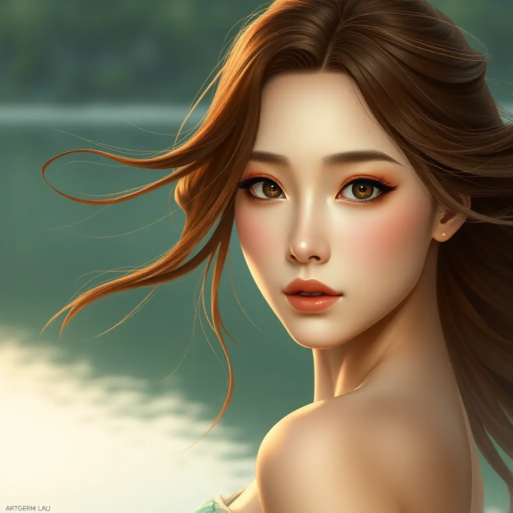 A serene beauty with almond-shaped eyes and flowing chestnut hair, standing by a tranquil lake at dawn, Highly Detailed, Half Body, Gorgeous, Stunning, Elegant by Stanley Artgerm Lau