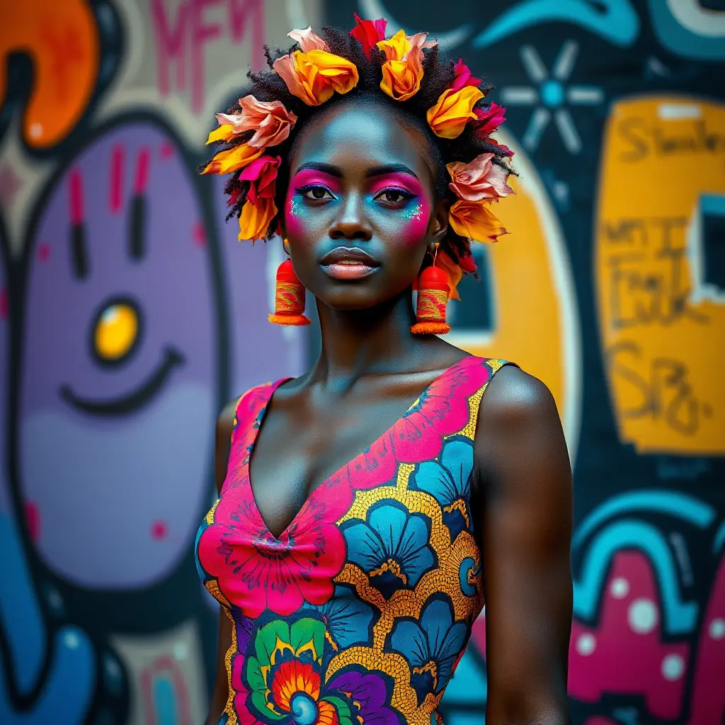 A radiant woman with dark skin and bright, colorful makeup, wearing a vibrant patterned dress, standing in front of a graffiti-covered wall, vivid colors, artistic and contemporary vibe, Highly Detailed, Half Body, Gorgeous, Stunning, Elegant by Stanley Artgerm Lau