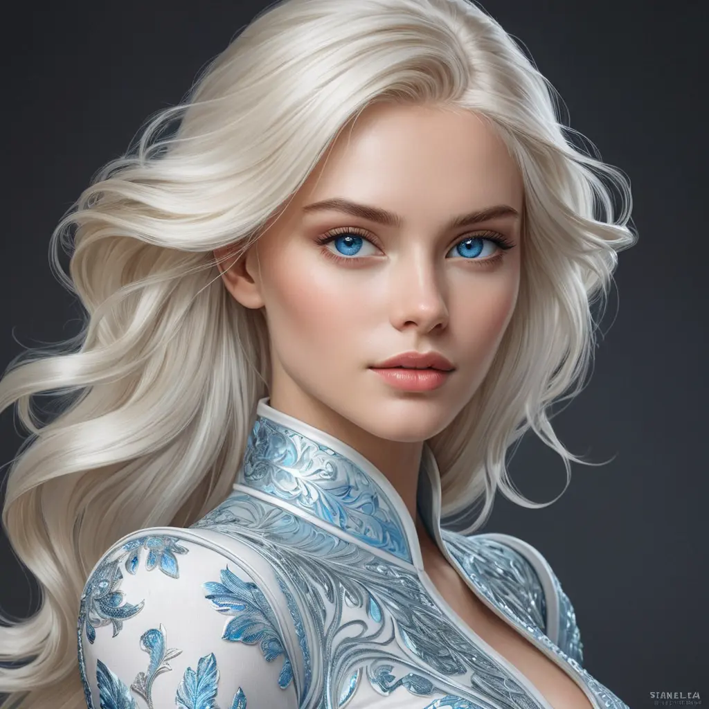 A mesmerizingly beautiful woman with platinum blonde hair, icy blue eyes, and a regal bearing, exuding power and sophistication, Highly Detailed, Half Body, Gorgeous, Stunning, Elegant by Stanley Artgerm Lau