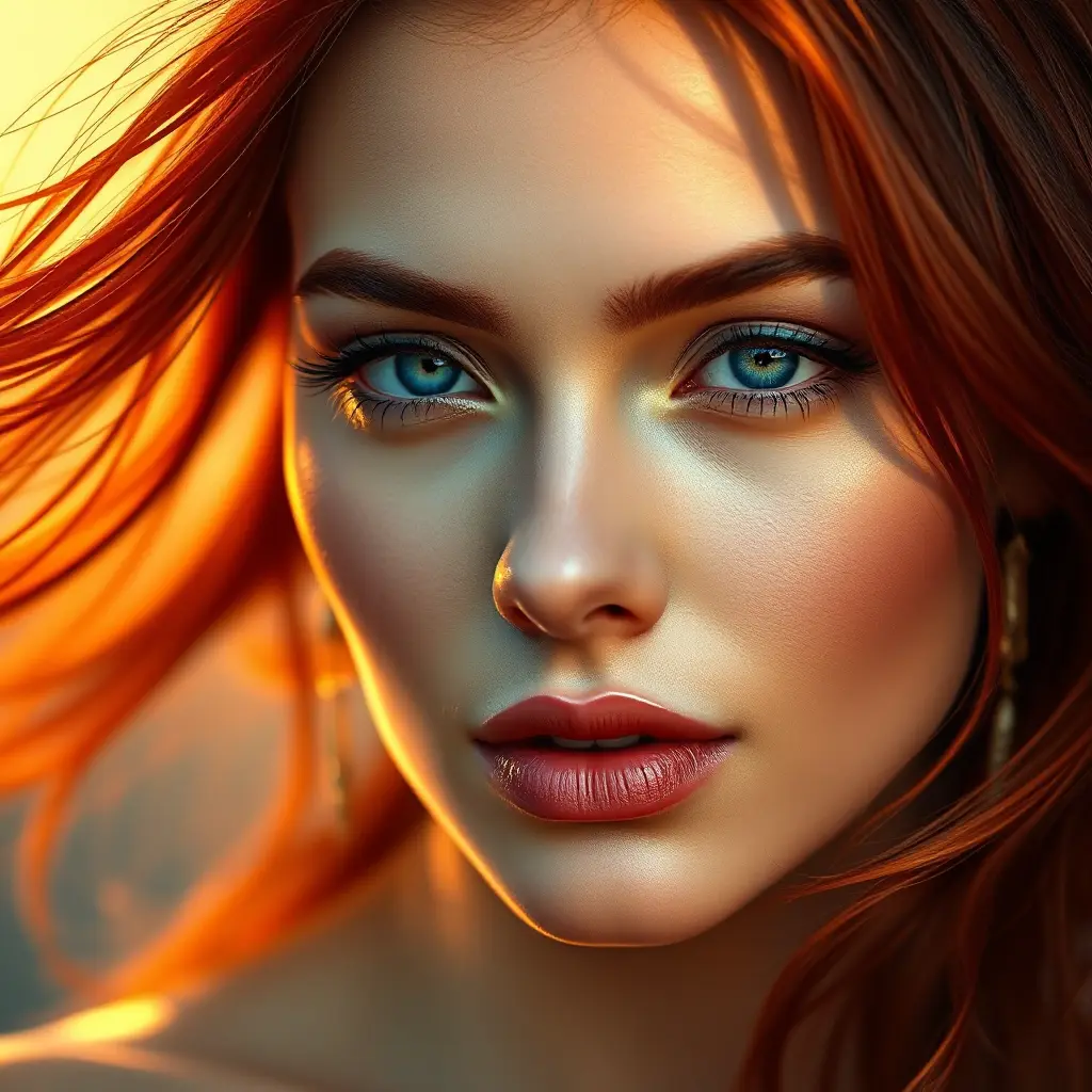 a stunningly beautiful woman with flowing red hair and piercing blue eyes, illuminated by warm sunlight, Highly Detailed, Half Body, Gorgeous, Stunning, Elegant by Stanley Artgerm Lau