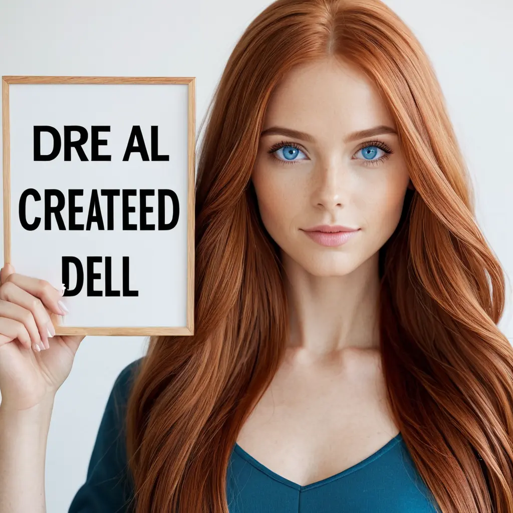 A stunning woman with long, straight red hair and bright blue eyes, holding up a sign that says "created via comfy-dell", Highly Detailed, Half Body, Gorgeous, Stunning, Elegant