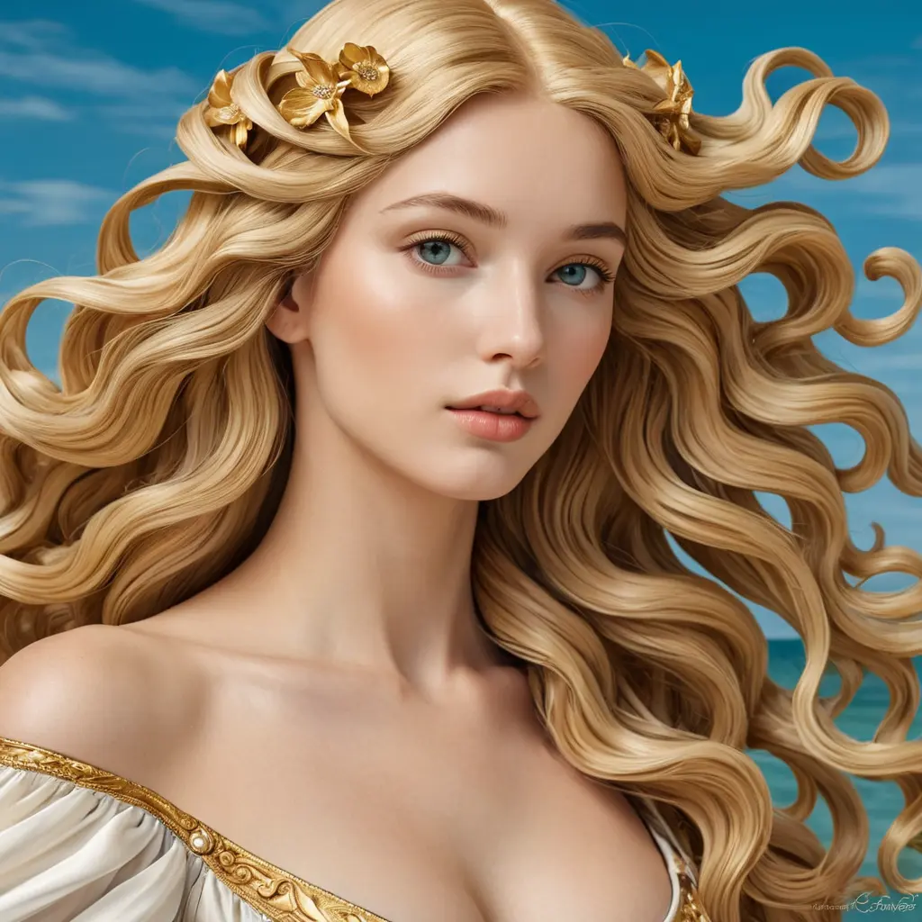 A beautiful woman inspired by the style of Botticelli's 'The Birth of Venus', with golden skin and flowing blonde hair, Highly Detailed, Half Body, Gorgeous, Stunning, Elegant