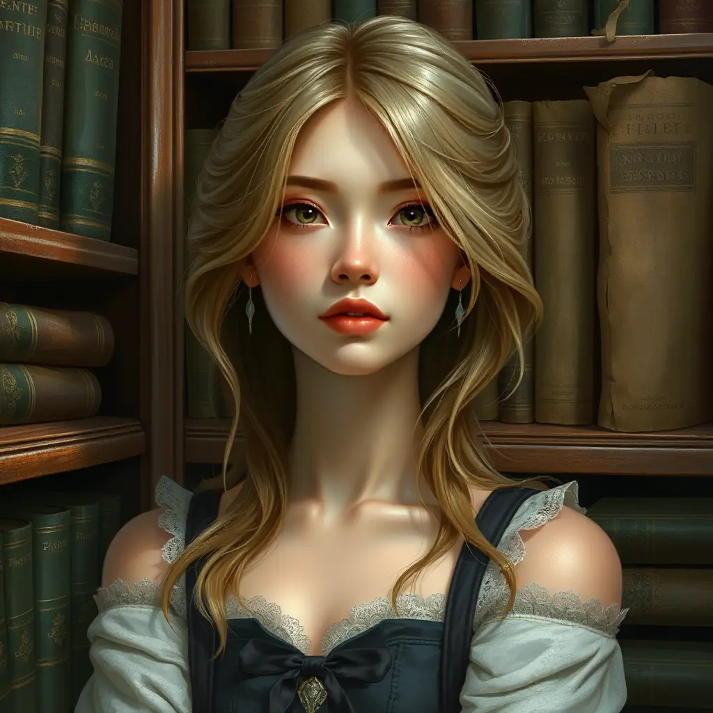 A kind and gentle librarian with a quiet introspection and soft, flaxen hair, surrounded by the musty scent and worn pages of ancient tomes, Highly Detailed, Half Body, Gorgeous, Stunning, Elegant by Stanley Artgerm Lau