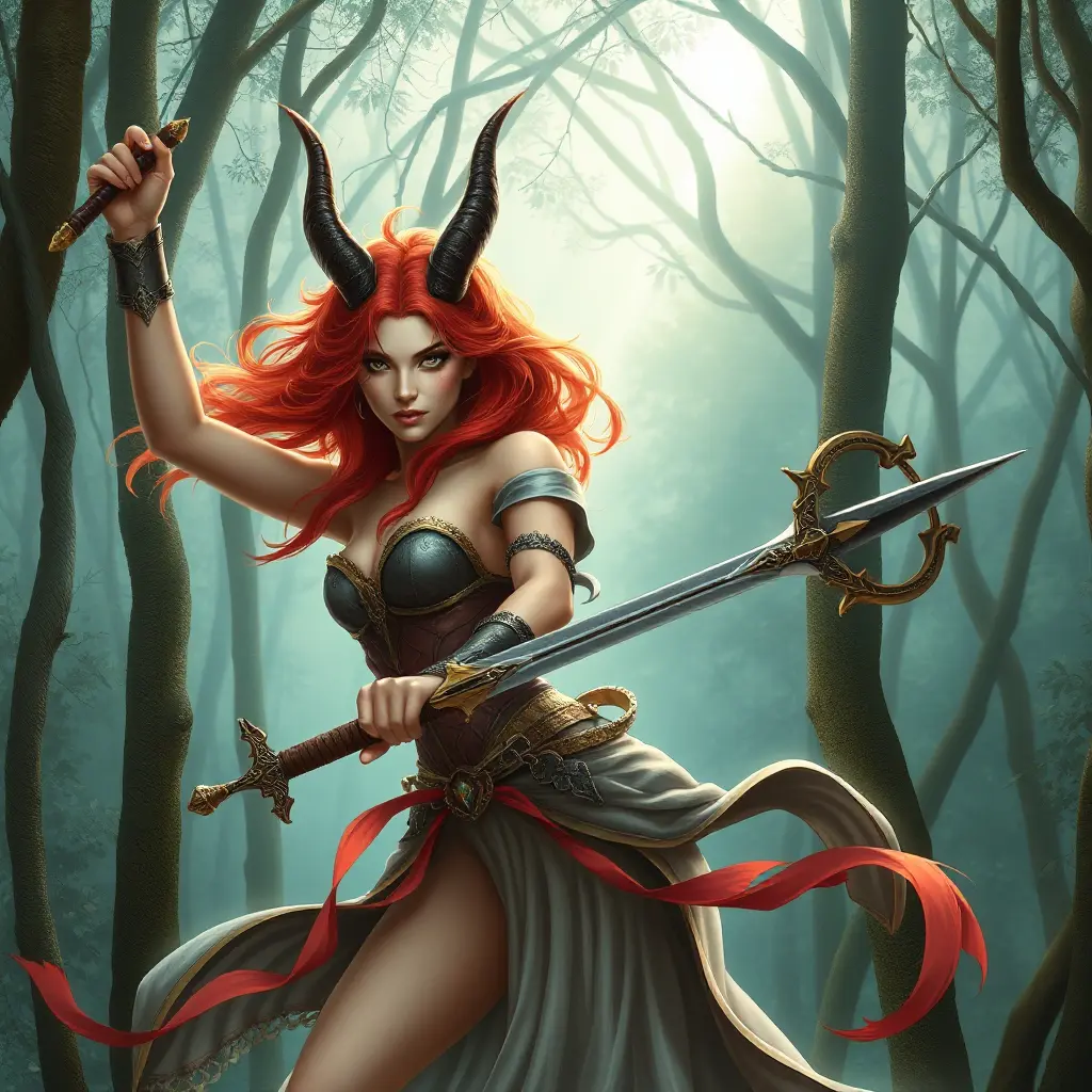 A gorgeous woman with horns and fiery red hair, wielding a sword in a mystical forest, Highly Detailed, Half Body, Gorgeous, Stunning, Elegant