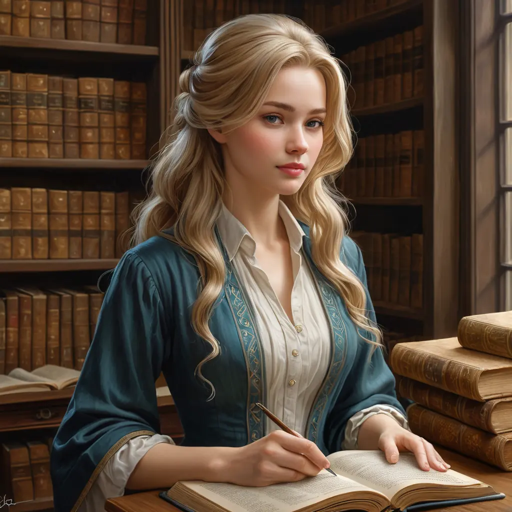 A kind and gentle librarian with a quiet introspection and soft, flaxen hair, surrounded by the musty scent and worn pages of ancient tomes, Highly Detailed, Half Body, Gorgeous, Stunning, Elegant by Stanley Artgerm Lau