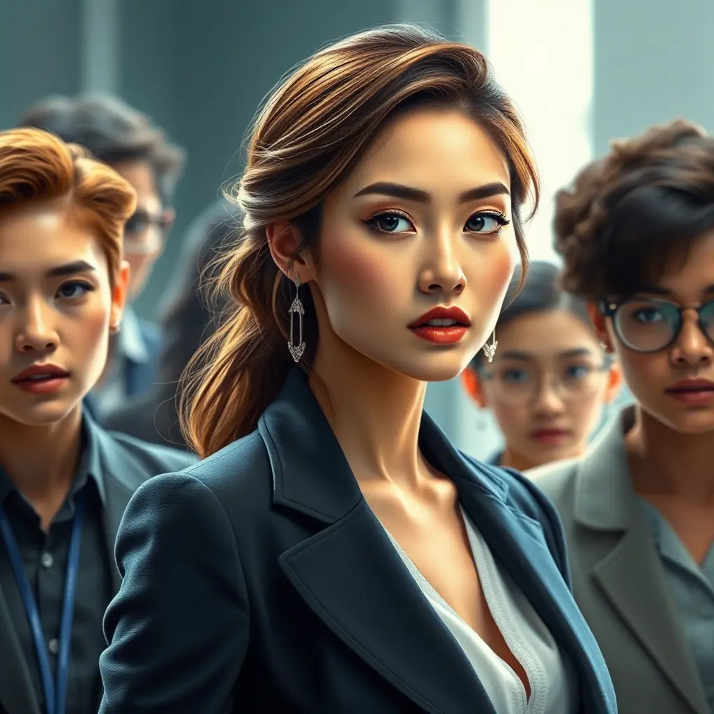 a confident woman with a determined expression, leading a team of people, Highly Detailed, Half Body, Gorgeous, Stunning, Elegant by Stanley Artgerm Lau