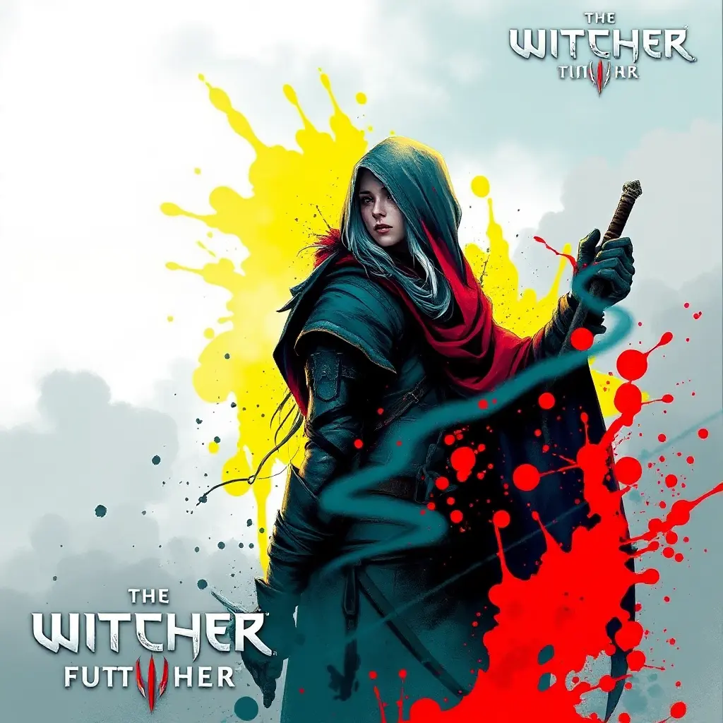 Hooded Ciri from the Witcher emerging from the fog of war, ink splash, Highly Detailed, Vibrant Colors, Ink Art, Fantasy, Dark by Stanley Artgerm Lau