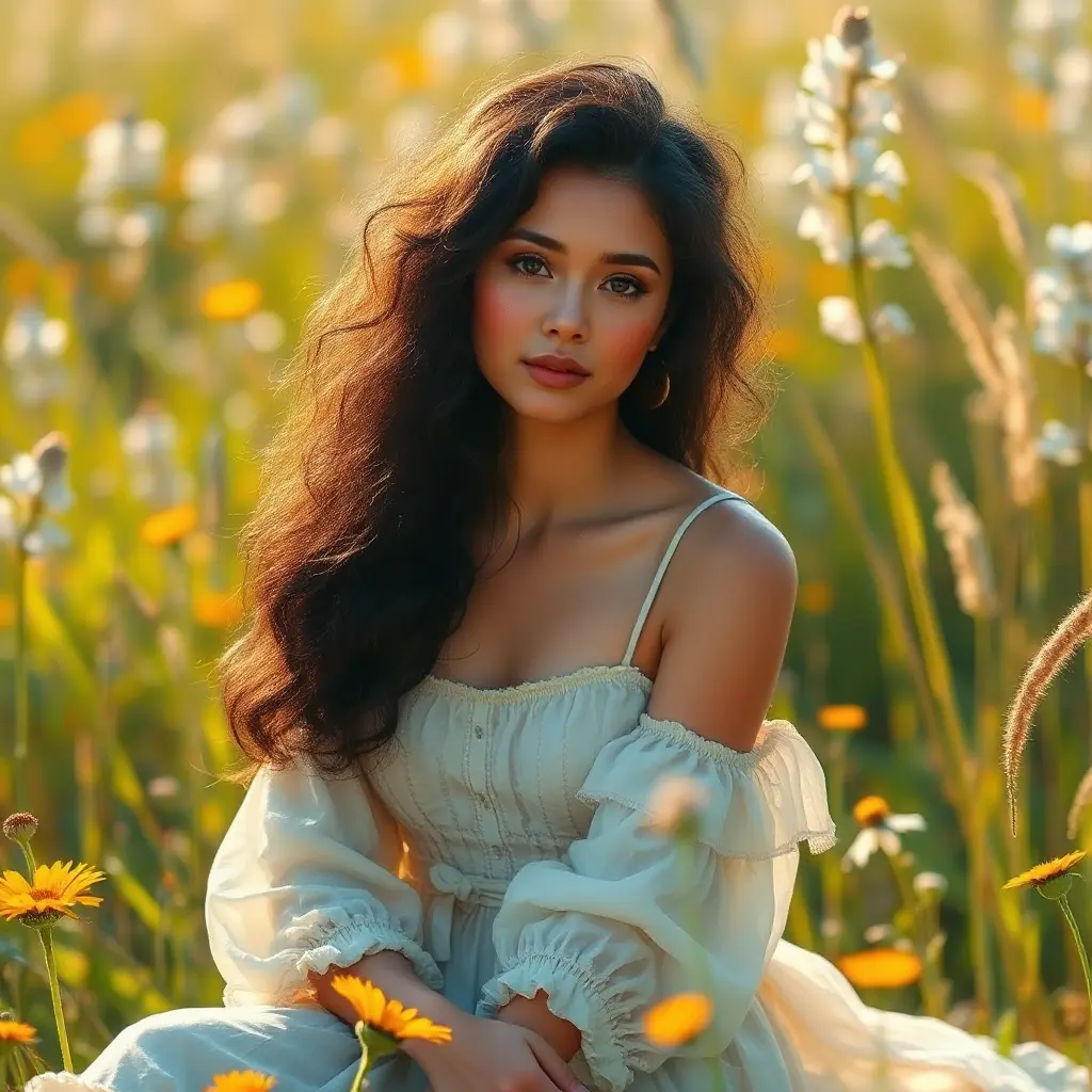 A beautiful woman with dark curly hair, wearing a bohemian dress, sitting in a sunlit meadow filled with wildflowers, soft-focus background, ethereal atmosphere, warm golden tones, natural beauty, Highly Detailed, Half Body, Gorgeous, Stunning, Elegant by Stanley Artgerm Lau