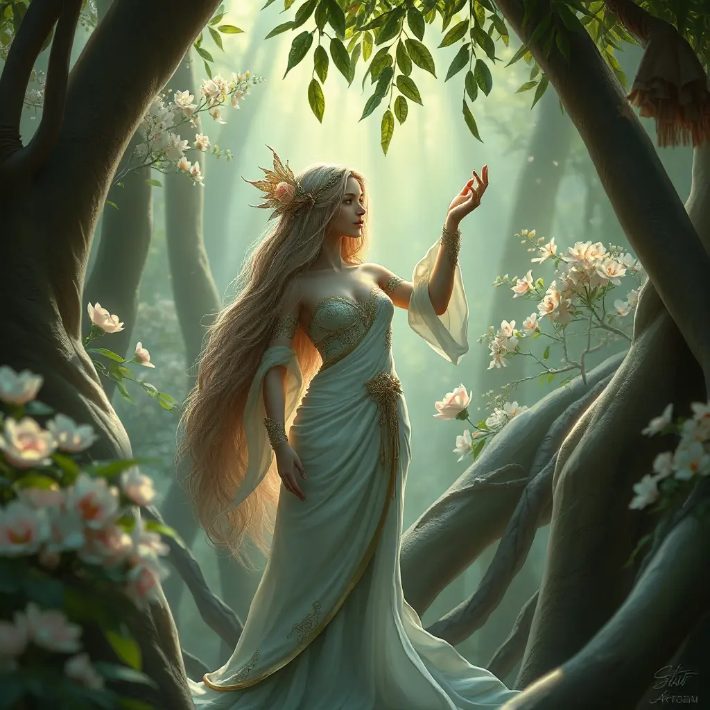 A serene goddess of nature, immersed in a lush, blooming forest, Highly Detailed, Half Body, Gorgeous, Stunning, Elegant by Stanley Artgerm Lau