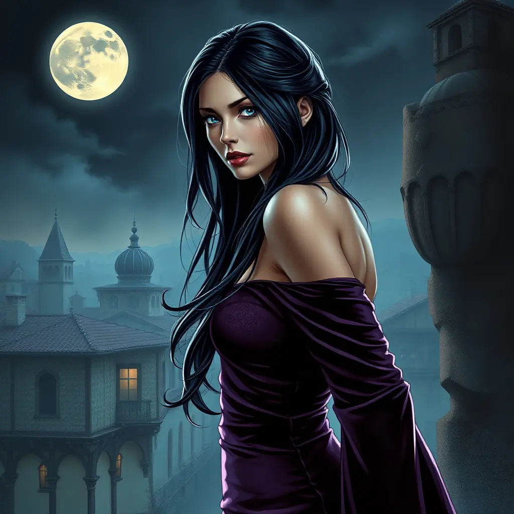 A mysterious woman with long raven hair, piercing blue eyes, and a form-fitting velvet dress, set against a backdrop of a moonlit Renaissance cityscape, Highly Detailed, Half Body, Gorgeous, Stunning, Elegant by Stanley Artgerm Lau