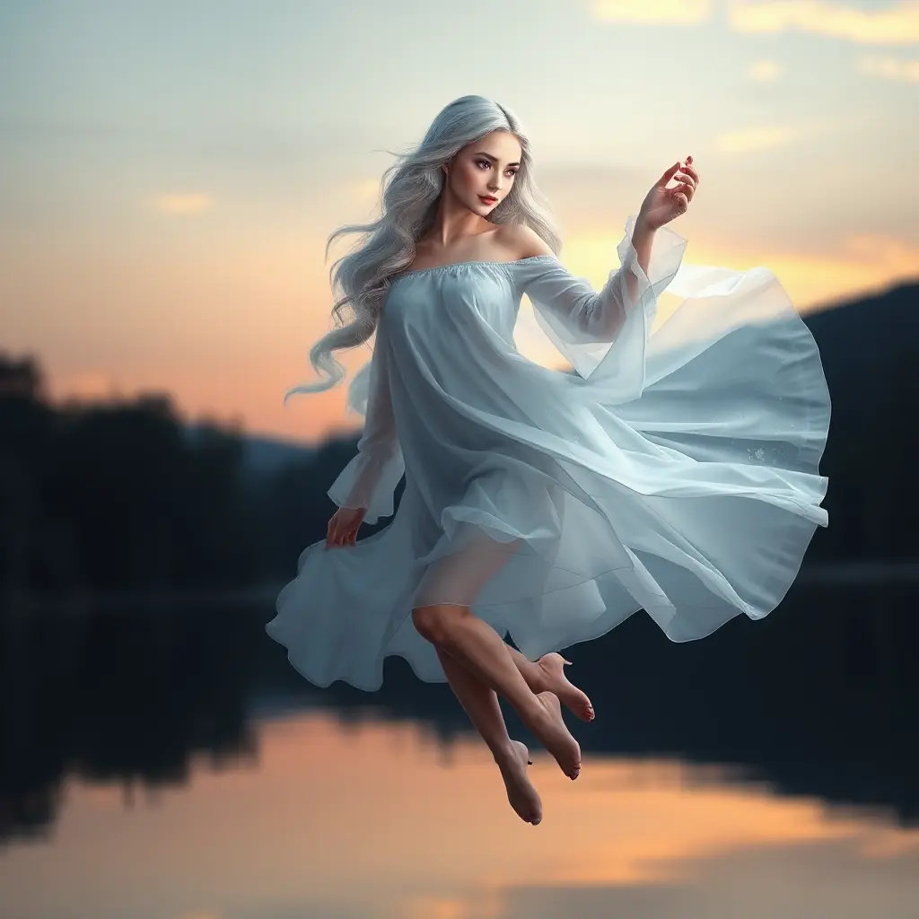 An ethereal woman with silver-white hair, soft violet eyes, and an airy chiffon dress, floating gracefully above a tranquil, mirror-like lake at twilight, Highly Detailed, Half Body, Gorgeous, Stunning, Elegant by Stanley Artgerm Lau