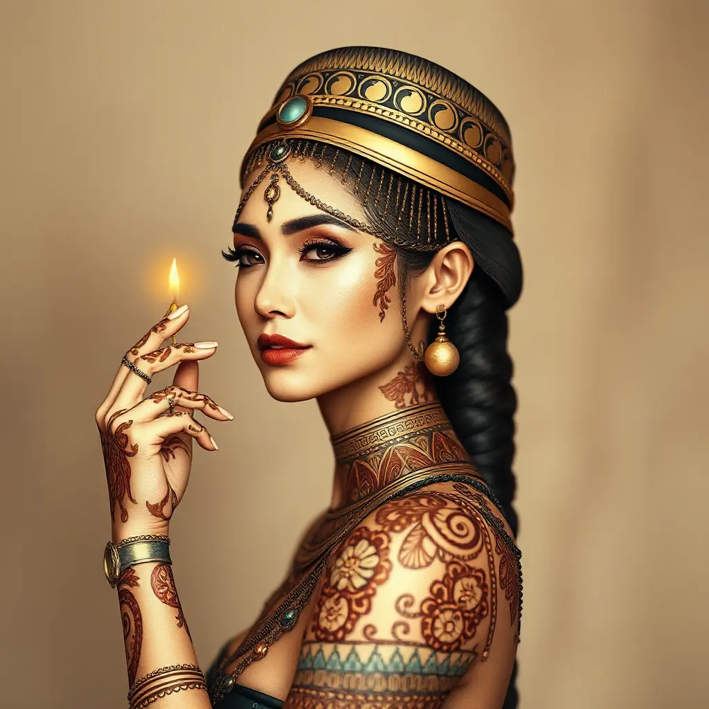 An elegant queen from ancient Egypt with intricate henna tattoos, Highly Detailed, Half Body, Gorgeous, Stunning, Elegant by Stanley Artgerm Lau