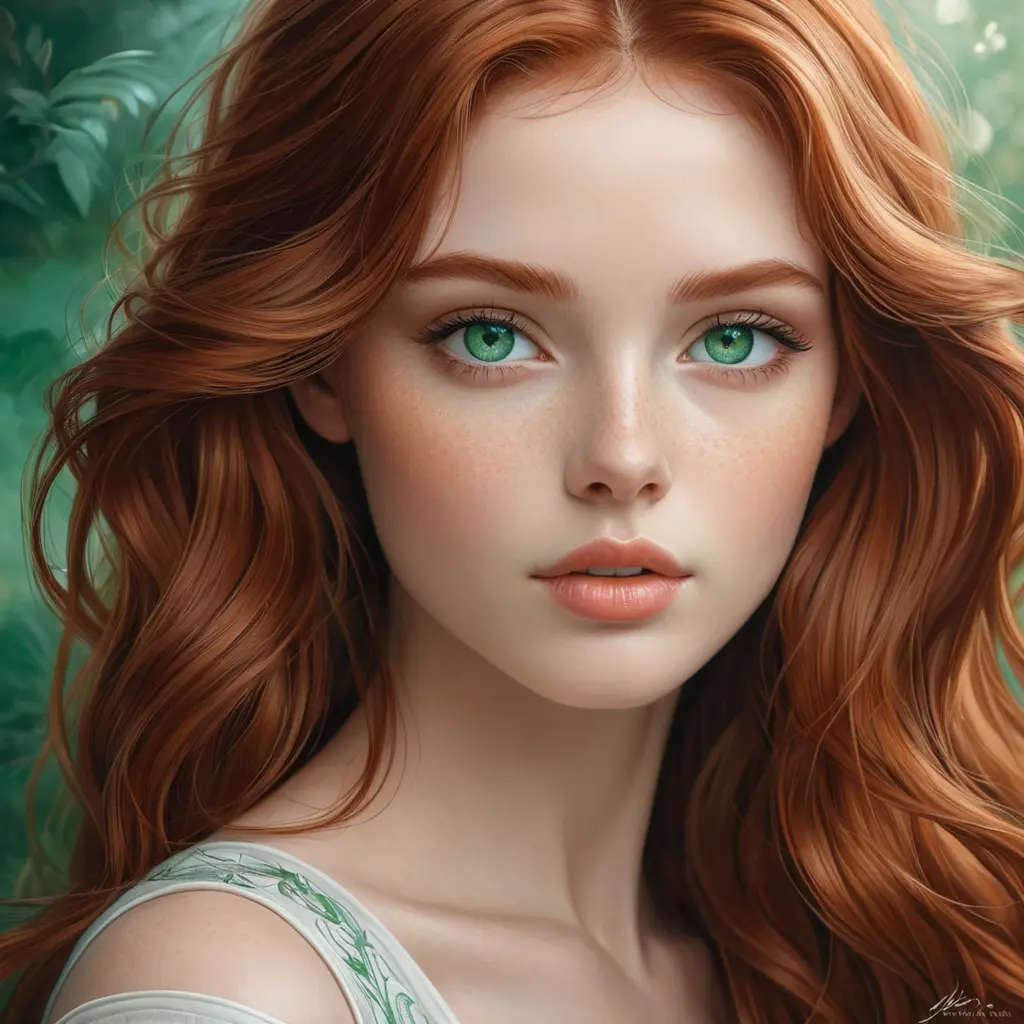 A breathtakingly beautiful woman with flowing auburn hair, emerald eyes, and a delicate porcelain complexion, ethereal and otherworldly, Highly Detailed, Half Body, Gorgeous, Stunning, Elegant by Stanley Artgerm Lau