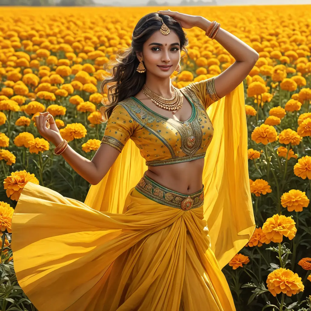 A radiant woman in traditional Indian attire, dancing in a field of marigolds, Highly Detailed, Half Body, Gorgeous, Stunning, Elegant by Stanley Artgerm Lau