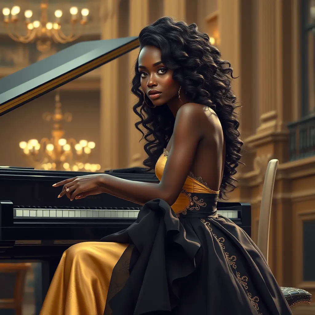 A captivating image of a woman with deep ebony skin and cascading curls, seated confidently at a grand piano, dressed in an opulent gold and black evening gown., Highly Detailed, Half Body, Gorgeous, Stunning, Elegant by Stanley Artgerm Lau