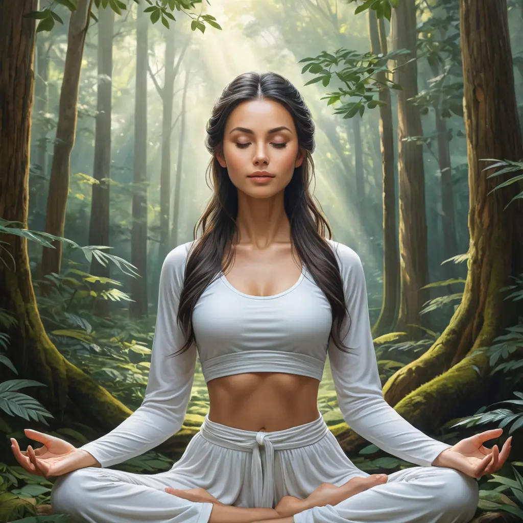 a serene woman meditating in a peaceful forest, Highly Detailed, Half Body, Gorgeous, Stunning, Elegant by Stanley Artgerm Lau