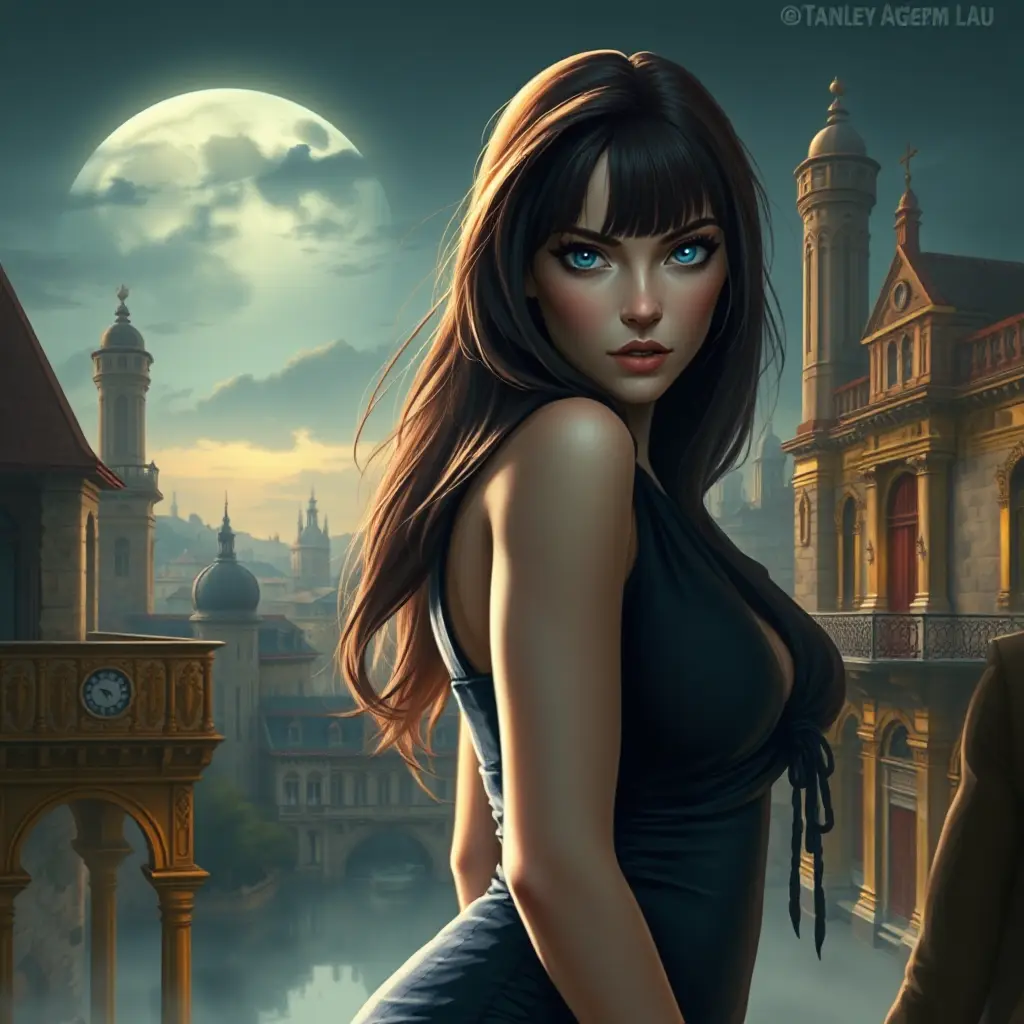 A mysterious woman with long raven hair, piercing blue eyes, and a form-fitting velvet dress, set against a backdrop of a moonlit Renaissance cityscape, Highly Detailed, Half Body, Gorgeous, Stunning, Elegant by Stanley Artgerm Lau