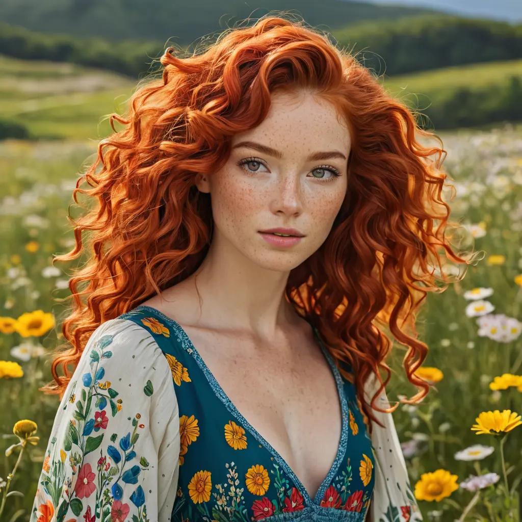 A vibrant woman with a cascade of fiery red curls, freckles, and a bohemian dress with floral patterns, amidst a field of blooming wildflowers at the peak of spring, Highly Detailed, Half Body, Gorgeous, Stunning, Elegant by Stanley Artgerm Lau