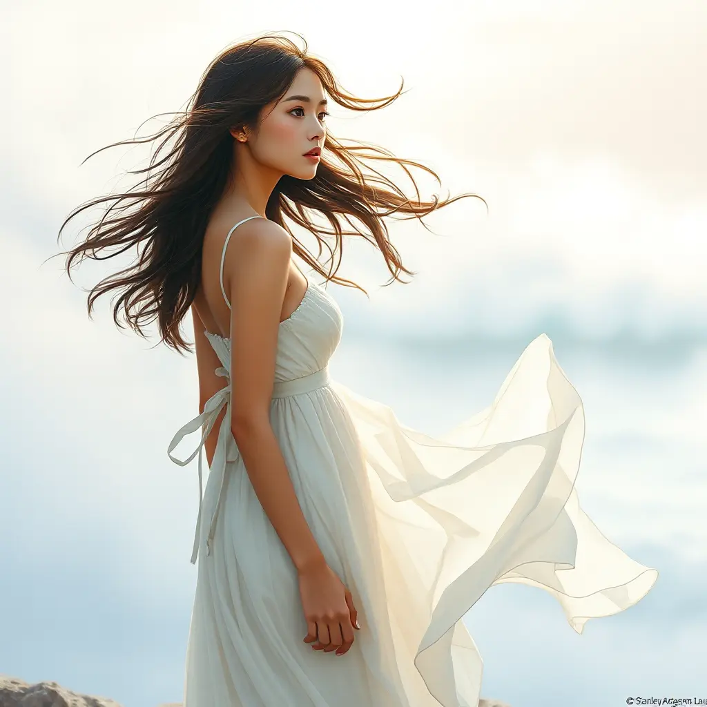 A graceful woman with delicate features, wearing a flowing white dress, standing on a cliff overlooking the ocean, the wind blowing through her hair, soft pastel colors, romantic and dreamy, Highly Detailed, Half Body, Gorgeous, Stunning, Elegant by Stanley Artgerm Lau