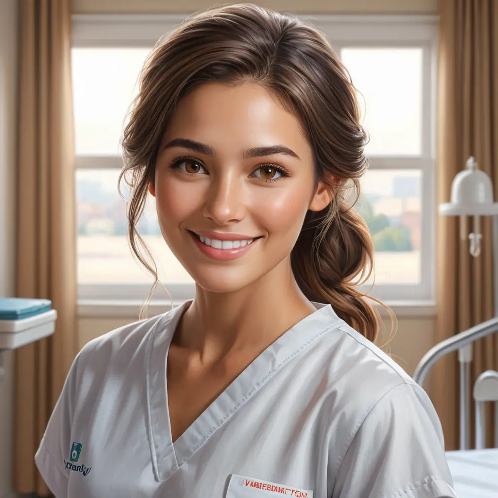 A gentle and compassionate nurse with a kind smile and warm, honey-brown eyes, set against a cozy and intimate hospital room, Highly Detailed, Half Body, Gorgeous, Stunning, Elegant by Stanley Artgerm Lau