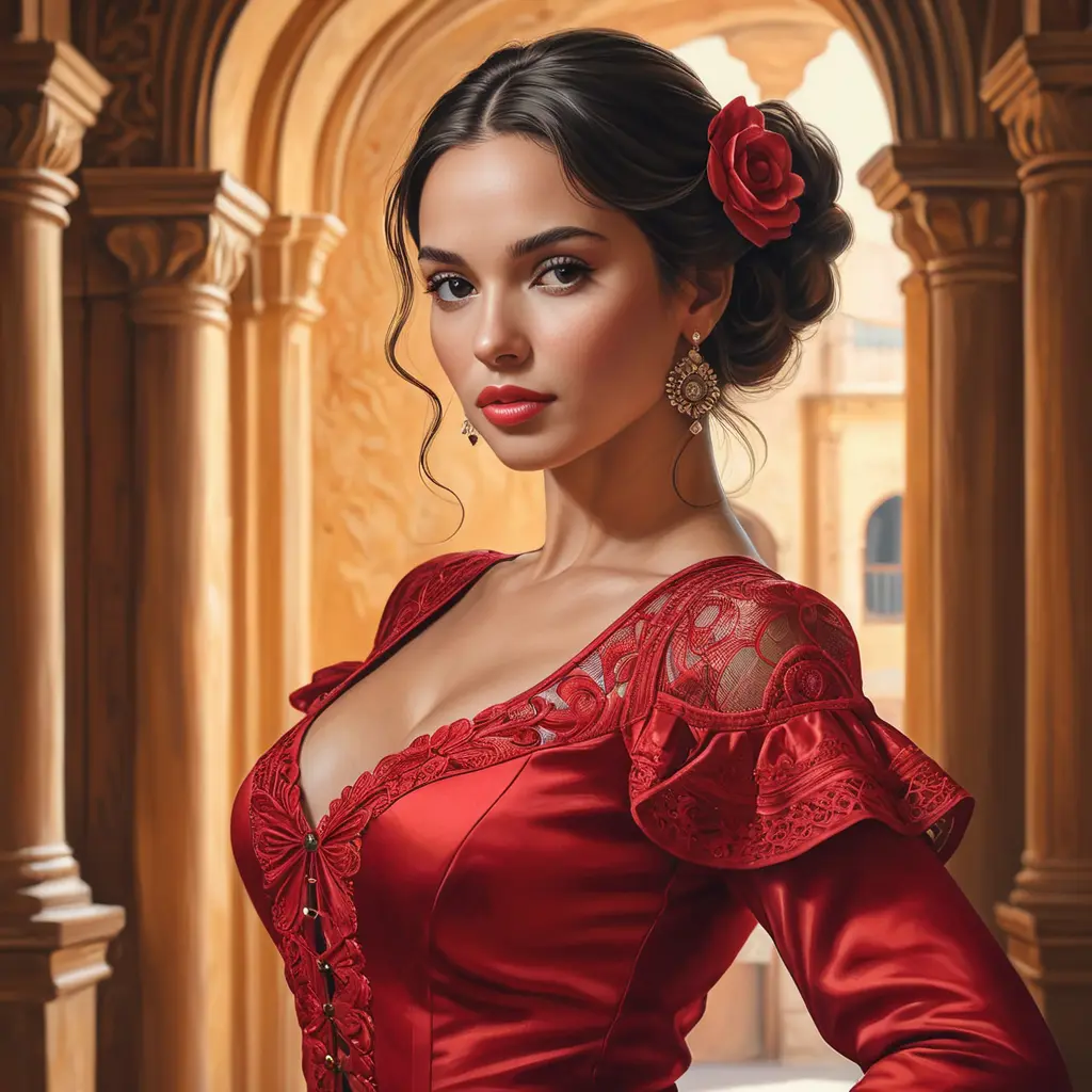 A passionate flamenco dancer in Seville's Alcázar palace, Highly Detailed, Half Body, Gorgeous, Stunning, Elegant by Stanley Artgerm Lau