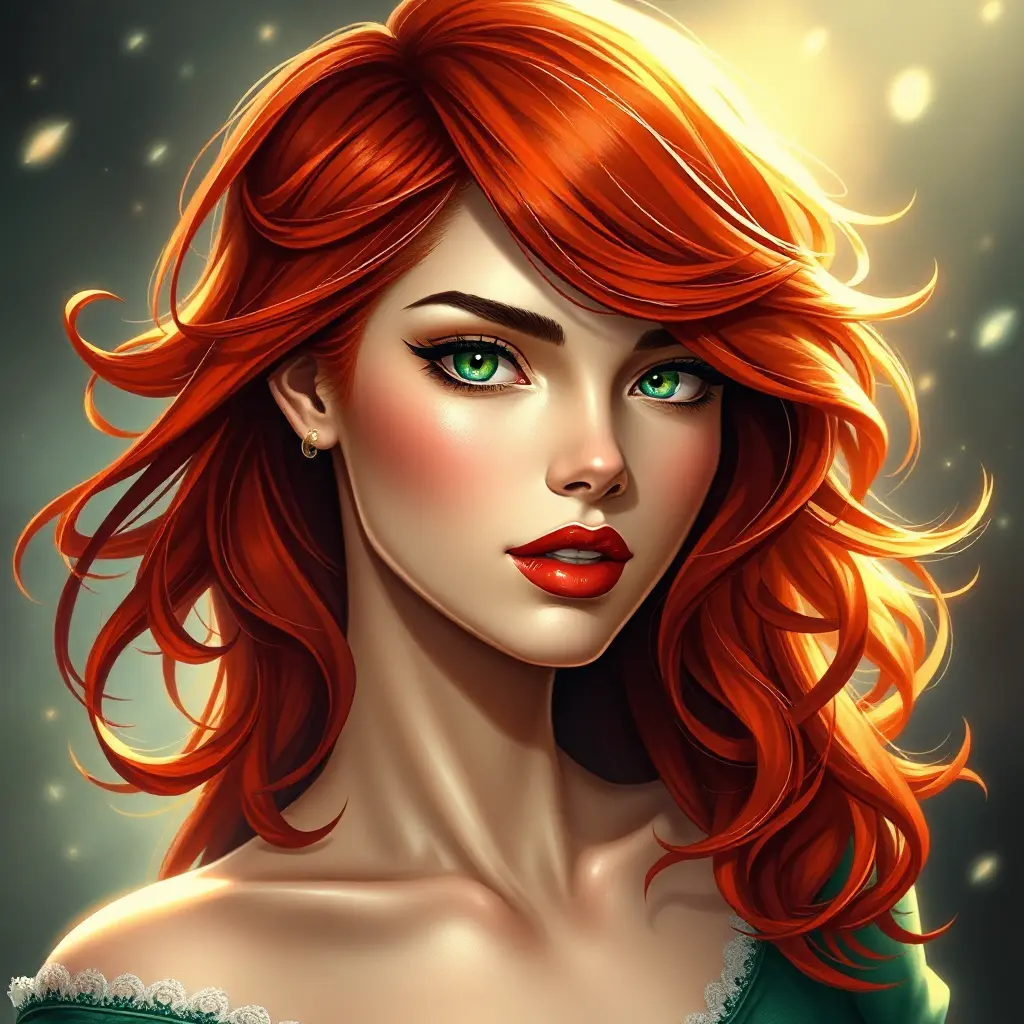 A vibrantly beautiful woman with fiery red hair, emerald green eyes, and a passionate expression, radiating energy and intensity, Highly Detailed, Half Body, Gorgeous, Stunning, Elegant by Stanley Artgerm Lau