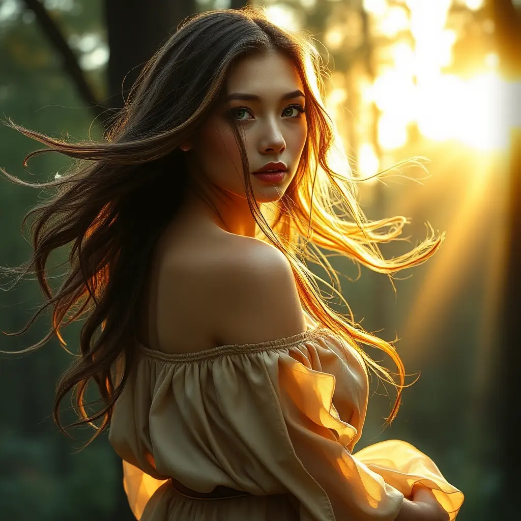 A radiant woman with flowing sun-kissed hair, emerald eyes, and a flowing silk gown, reminiscent of a Pre-Raphaelite masterpiece, in a serene forest at golden hour, Highly Detailed, Half Body, Gorgeous, Stunning, Elegant by Stanley Artgerm Lau