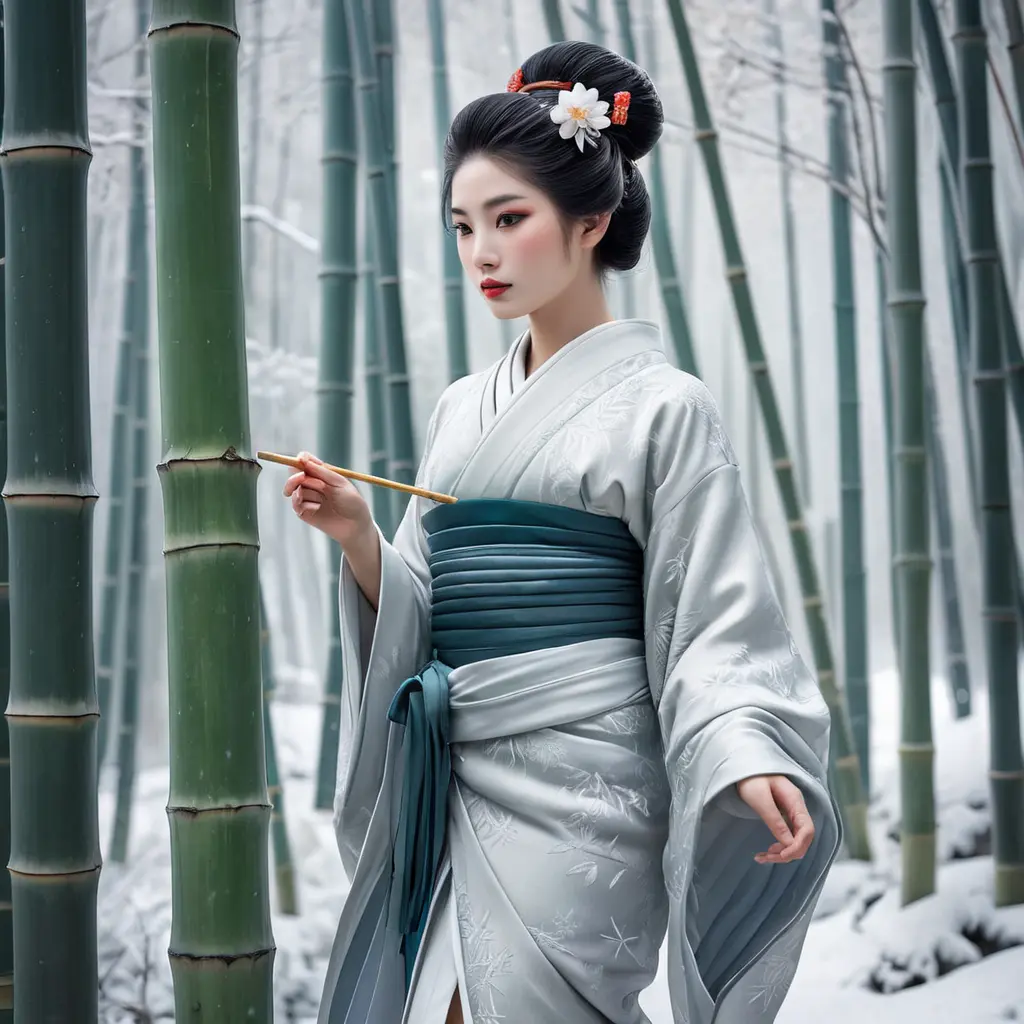 A serene geisha walking alone in a snowy bamboo forest, Highly Detailed, Half Body, Gorgeous, Stunning, Elegant by Stanley Artgerm Lau