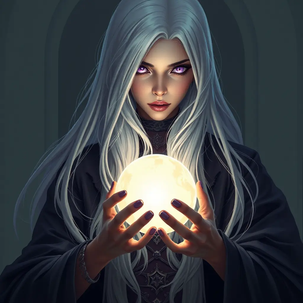 a mysterious sorceress with long silver hair and piercing violet eyes, holding a glowing orb in her hands, Highly Detailed, Half Body, Gorgeous, Stunning, Elegant by Stanley Artgerm Lau