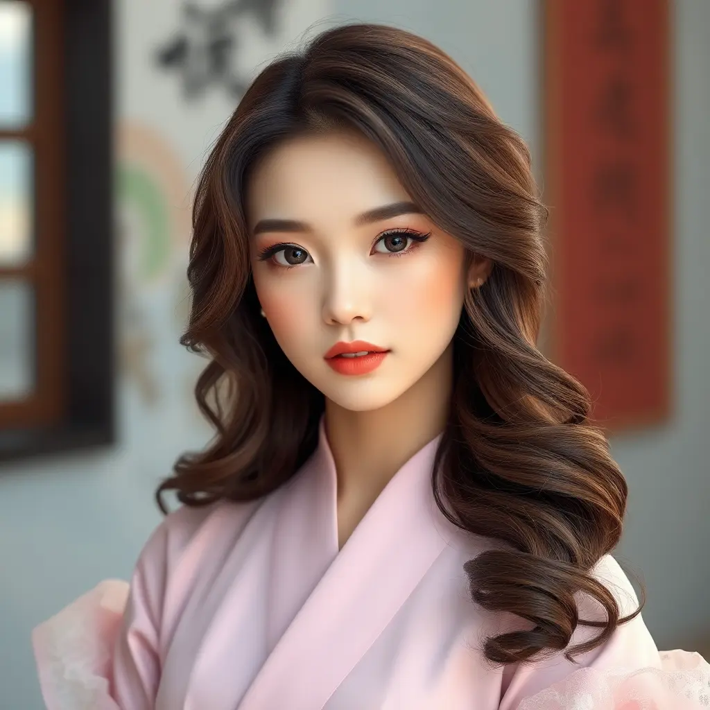 An elegant brunette with soft curls framing her face, dressed in a pastel pink丝绸衫搭配白色短裤，优雅地坐在一把藤椅上，手中拿着一本书, Highly Detailed, Half Body, Gorgeous, Stunning, Elegant by Stanley Artgerm Lau