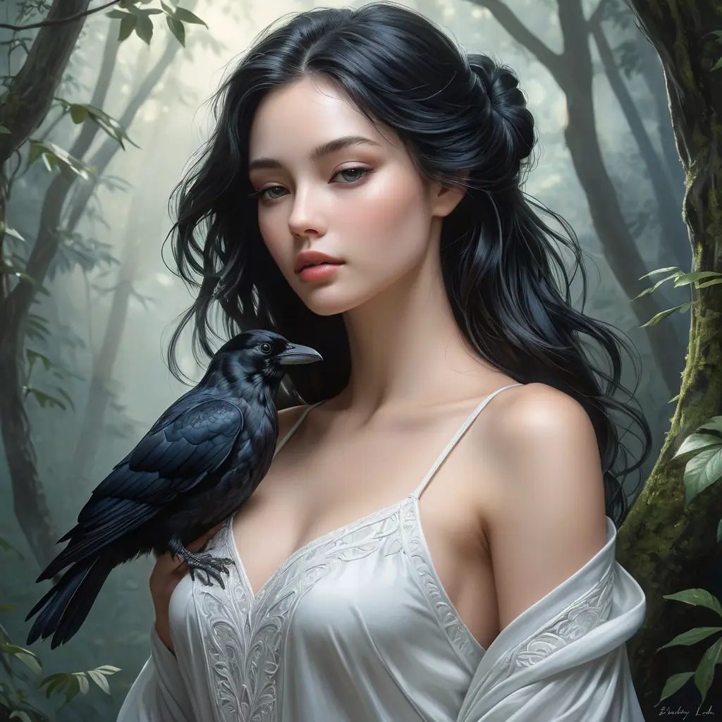 A serene moonlit beauty with porcelain skin and raven hair, lost in thought beneath a misty forest canopy., Highly Detailed, Half Body, Gorgeous, Stunning, Elegant by Stanley Artgerm Lau