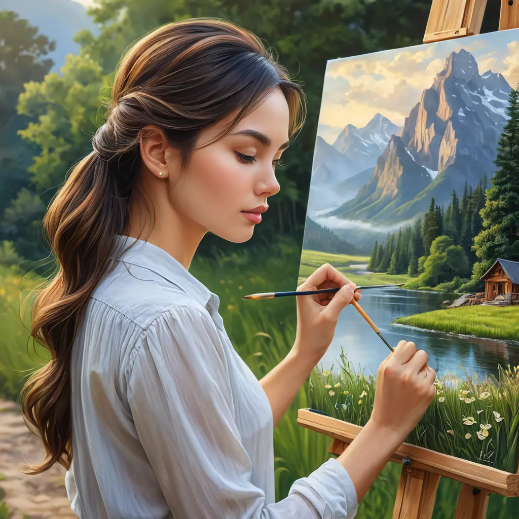 a creative woman painting a beautiful landscape, Highly Detailed, Half Body, Gorgeous, Stunning, Elegant by Stanley Artgerm Lau