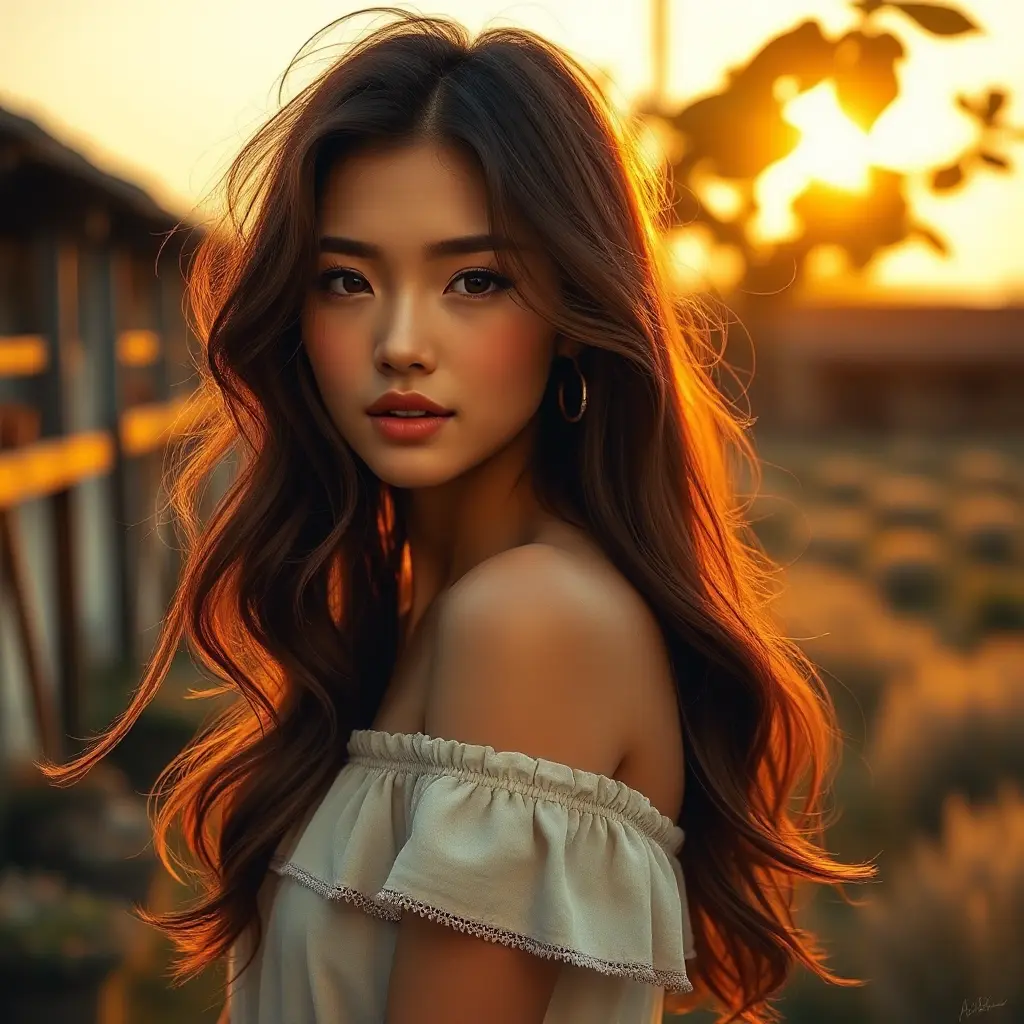 A beautiful woman with long, wavy brunette hair, wearing a casual summer dress, standing in a rustic countryside, the golden hour light casting a warm glow, idyllic and peaceful setting, Highly Detailed, Half Body, Gorgeous, Stunning, Elegant by Stanley Artgerm Lau