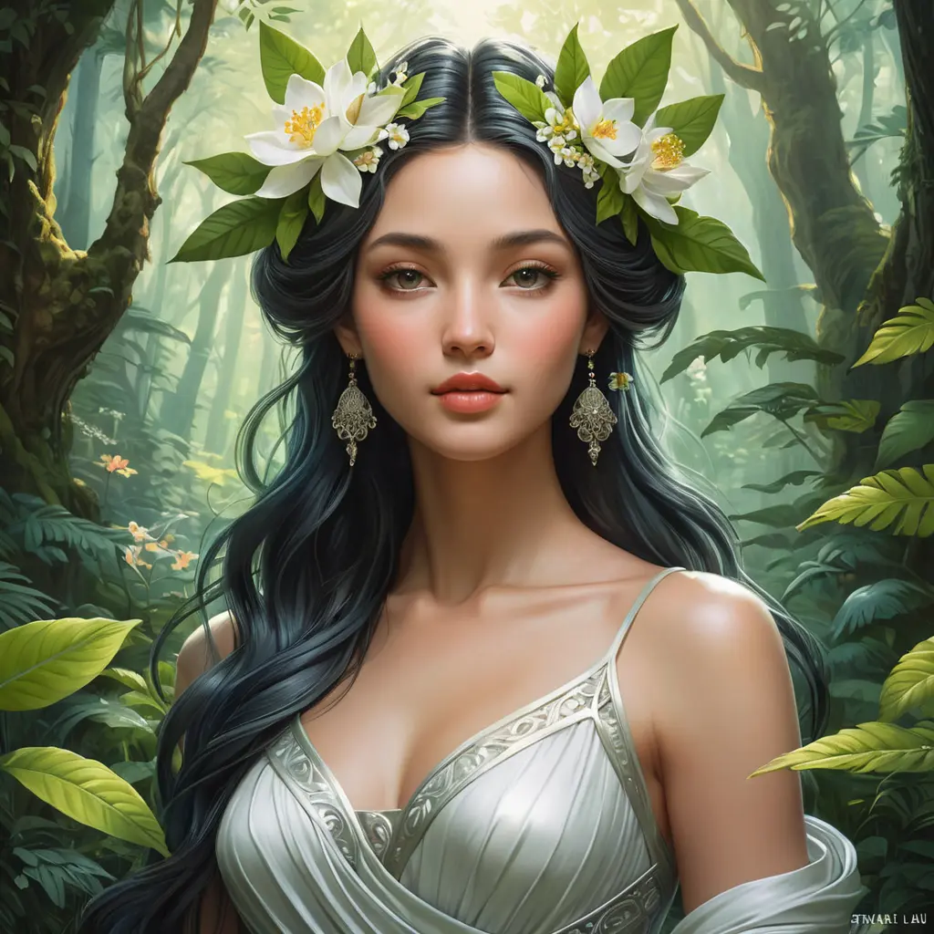 A serene goddess of nature, immersed in a lush, blooming forest, Highly Detailed, Half Body, Gorgeous, Stunning, Elegant by Stanley Artgerm Lau