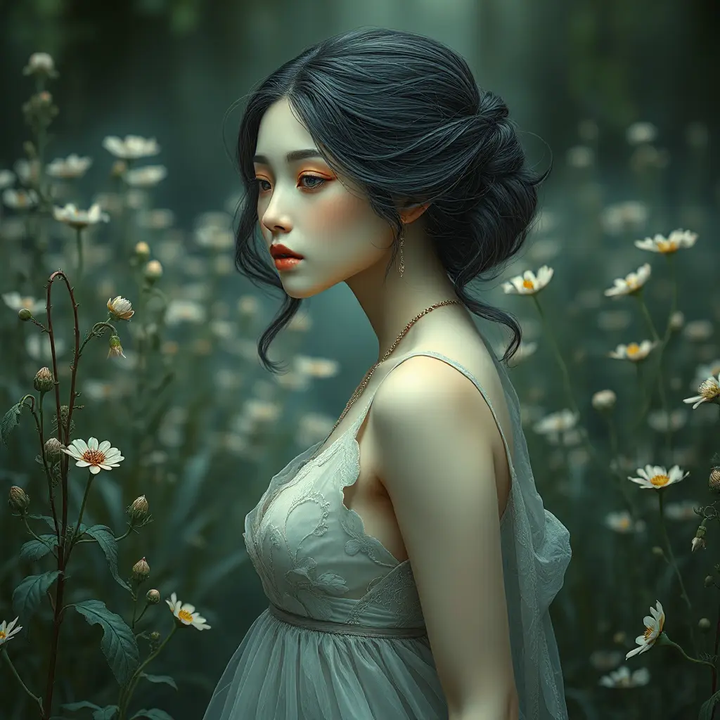 Ethereal beauty with skin as porcelain and hair as night sky, standing amidst an ancient, overgrown garden filled with moonflowers., Highly Detailed, Half Body, Gorgeous, Stunning, Elegant by Stanley Artgerm Lau