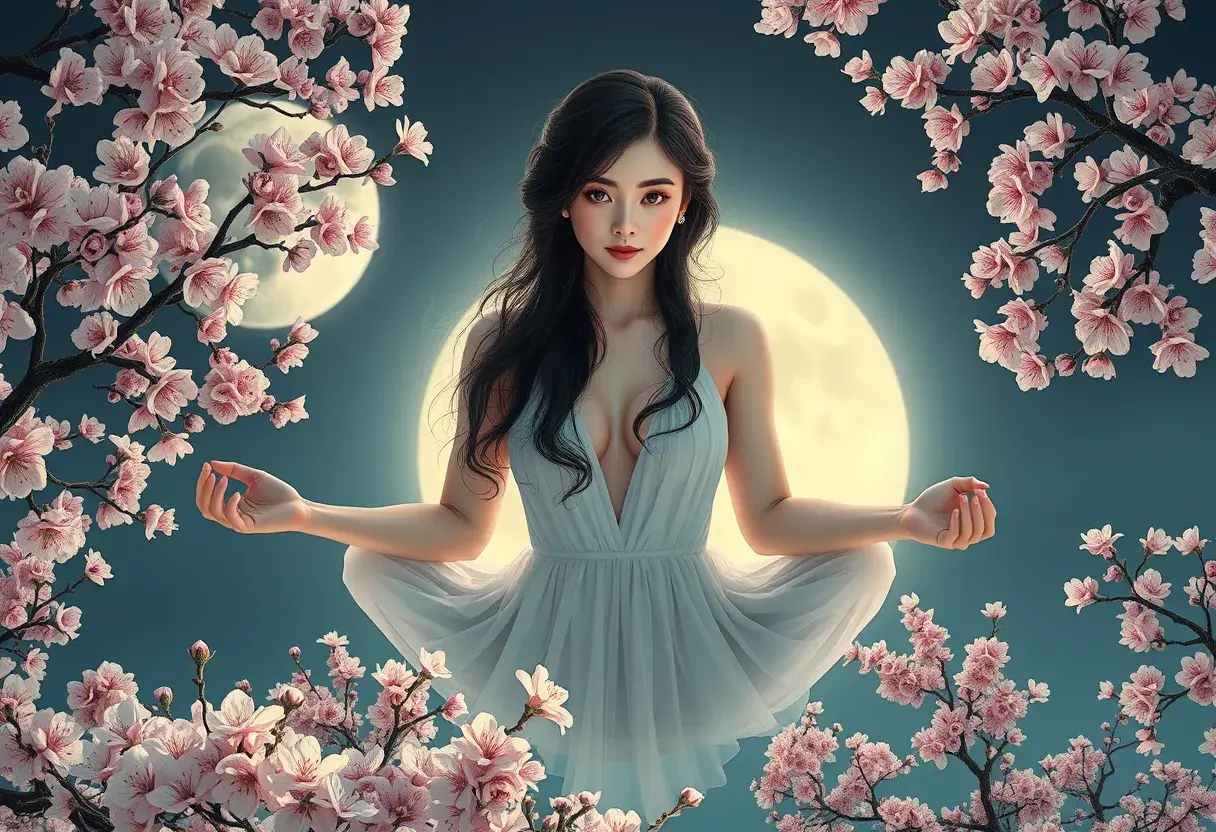 A surreal scene featuring a woman with almond-shaped eyes and porcelain skin, floating gracefully in a lotus position above blooming cherry blossom trees under a full moon, Highly Detailed, Intricate, Half Body, Realistic