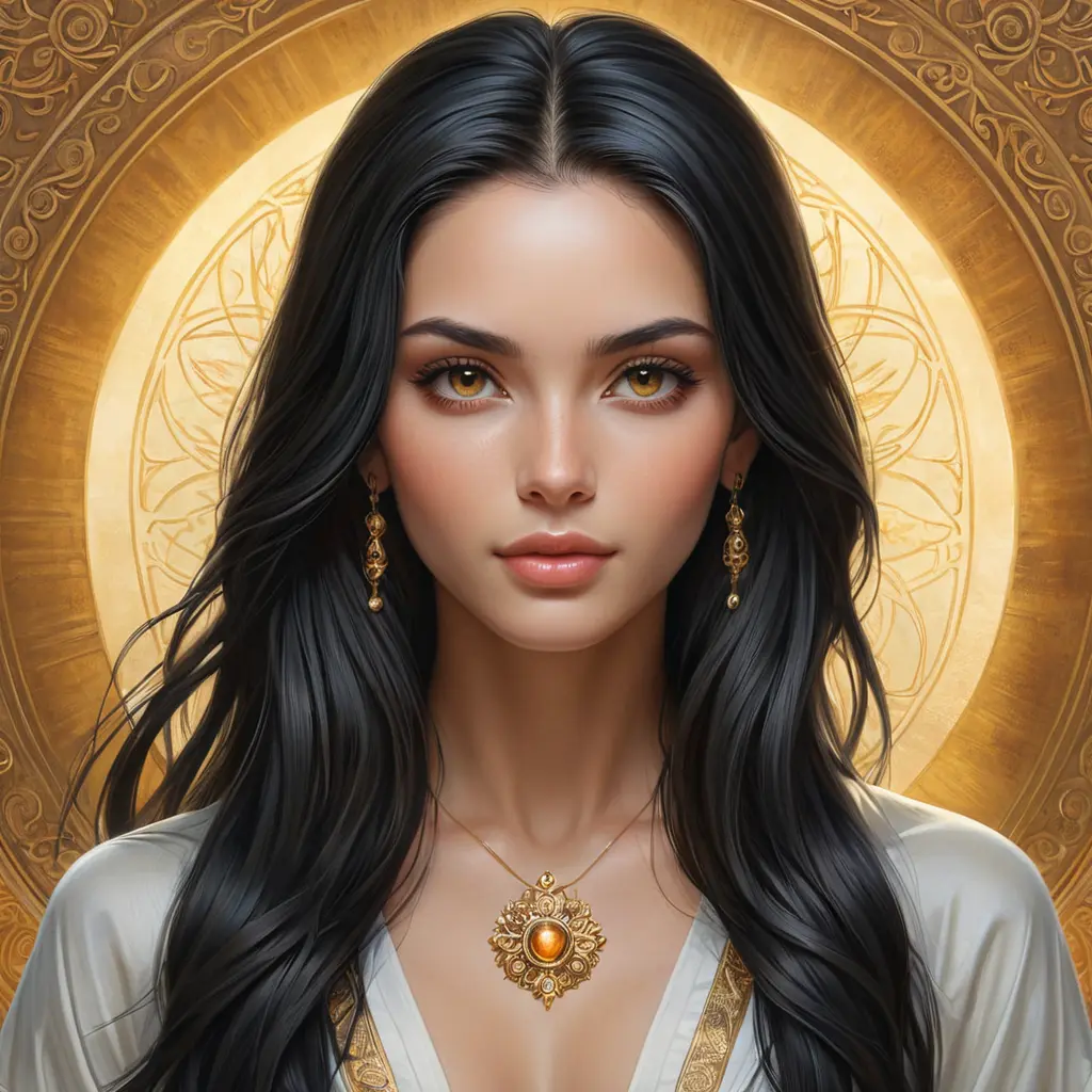 A divinely beautiful woman with long, black hair, piercing amber eyes, and a serene expression, radiating peace and tranquility, Highly Detailed, Half Body, Gorgeous, Stunning, Elegant by Stanley Artgerm Lau