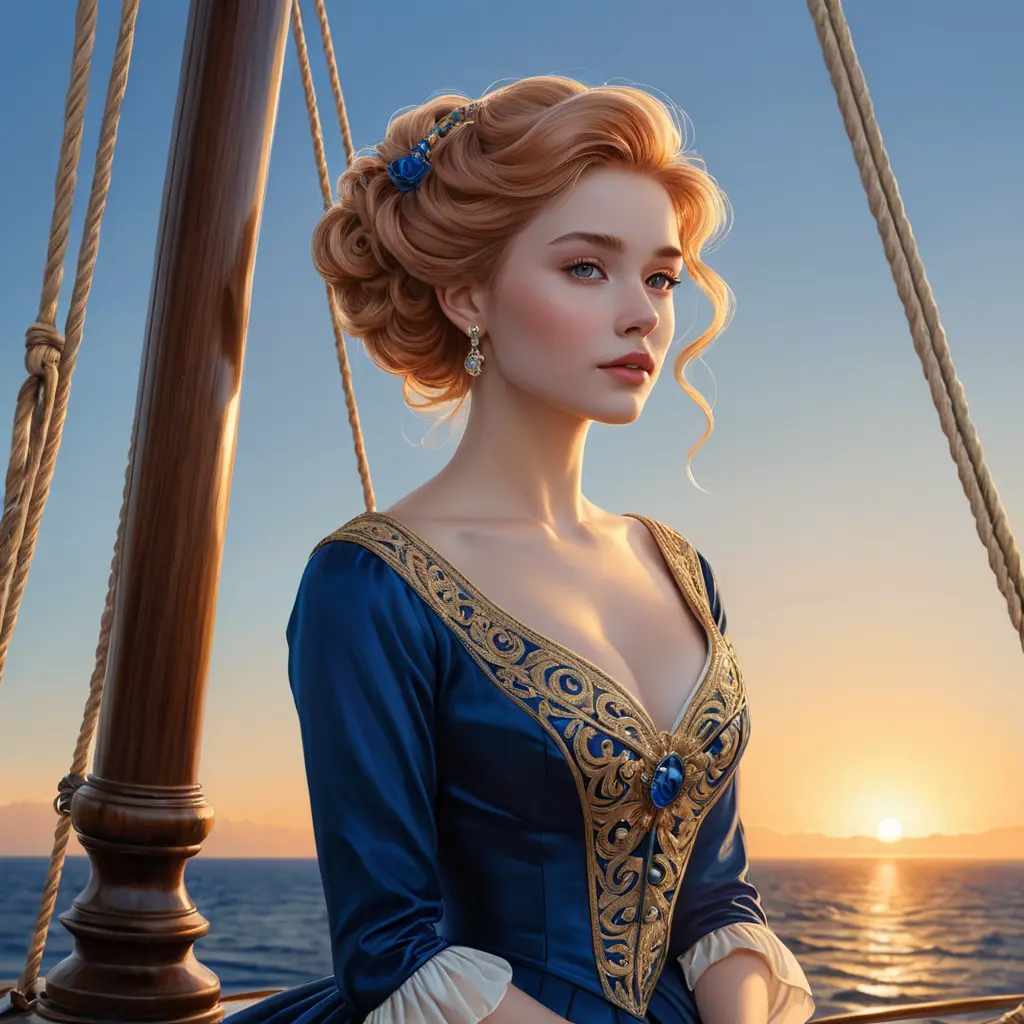 An exquisite illustration of a woman with porcelain skin and rose-gold hair, posing gracefully on the bow of a historic sailing ship, wearing a period-accurate gown in rich sapphire blue, as she looks out towards the horizon at sunset., Highly Detailed, Half Body, Gorgeous, Stunning, Elegant by Stanley Artgerm Lau