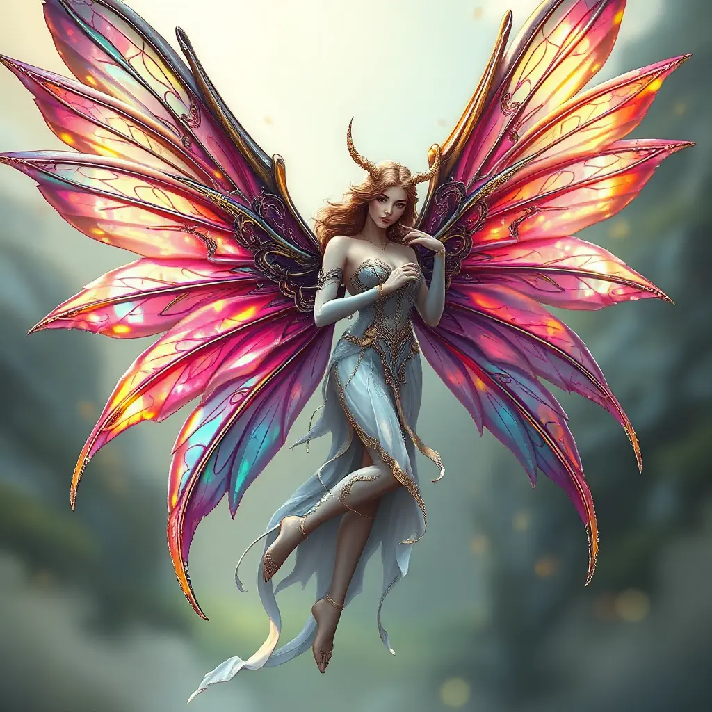 An ethereal fairy from Celtic mythology, wings shimmering with iridescent hues, Highly Detailed, Half Body, Gorgeous, Stunning, Elegant by Stanley Artgerm Lau