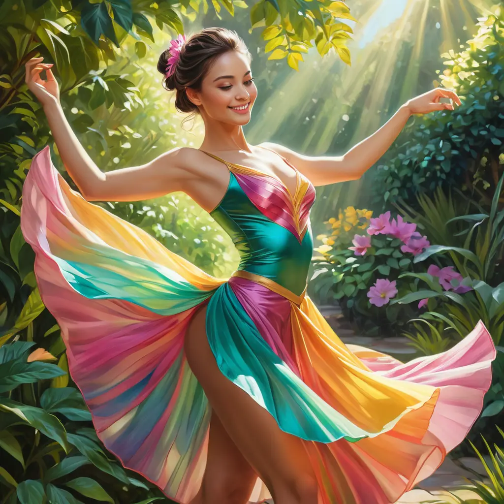 A graceful dancer mid-pose in a lush garden, her colorful attire swirling around her, sunlight filtering through the leaves, a soft smile on her face as she embodies joy and freedom., Highly Detailed, Half Body, Gorgeous, Stunning, Elegant by Stanley Artgerm Lau