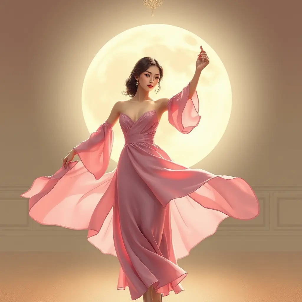 A graceful illustration of a woman with striking almond-shaped eyes and porcelain skin, dancing alone in a moonlit ballroom, her delicate pink silk dress billowing around her., Highly Detailed, Half Body, Gorgeous, Stunning, Elegant by Stanley Artgerm Lau