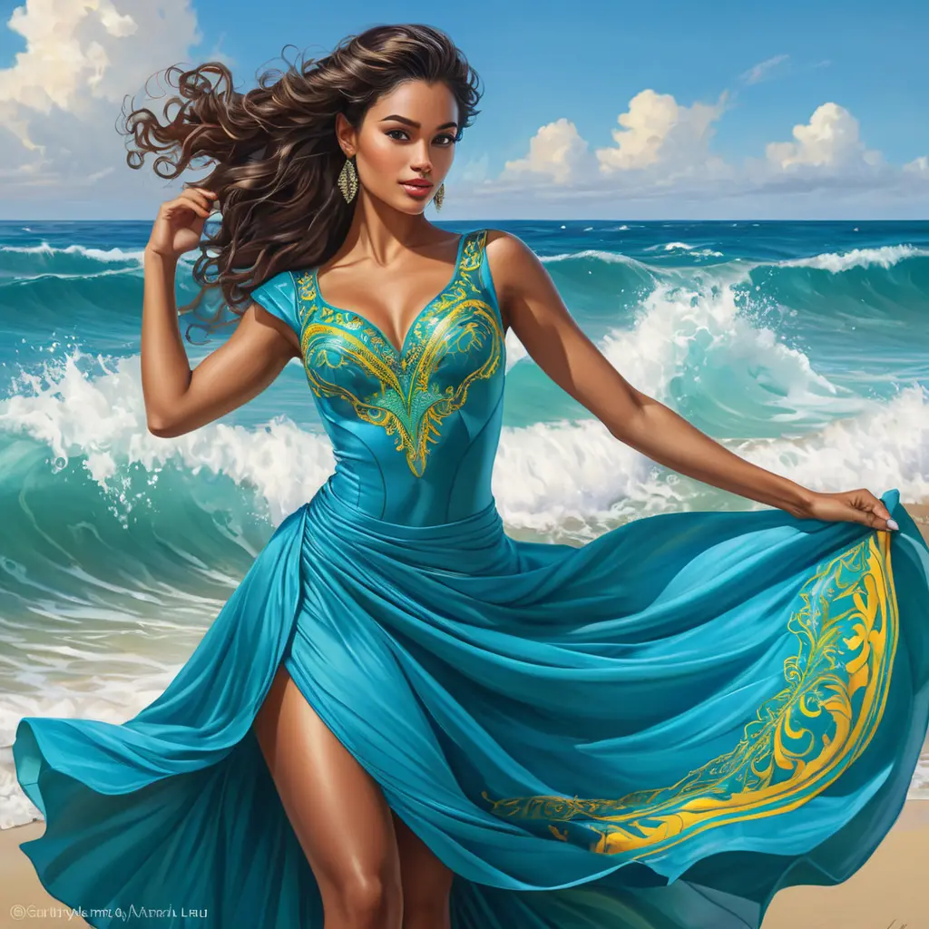 A vibrant and charming salsa dancer with a dynamic energy and curves that ripple like the waves of the Caribbean Sea, Highly Detailed, Half Body, Gorgeous, Stunning, Elegant by Stanley Artgerm Lau