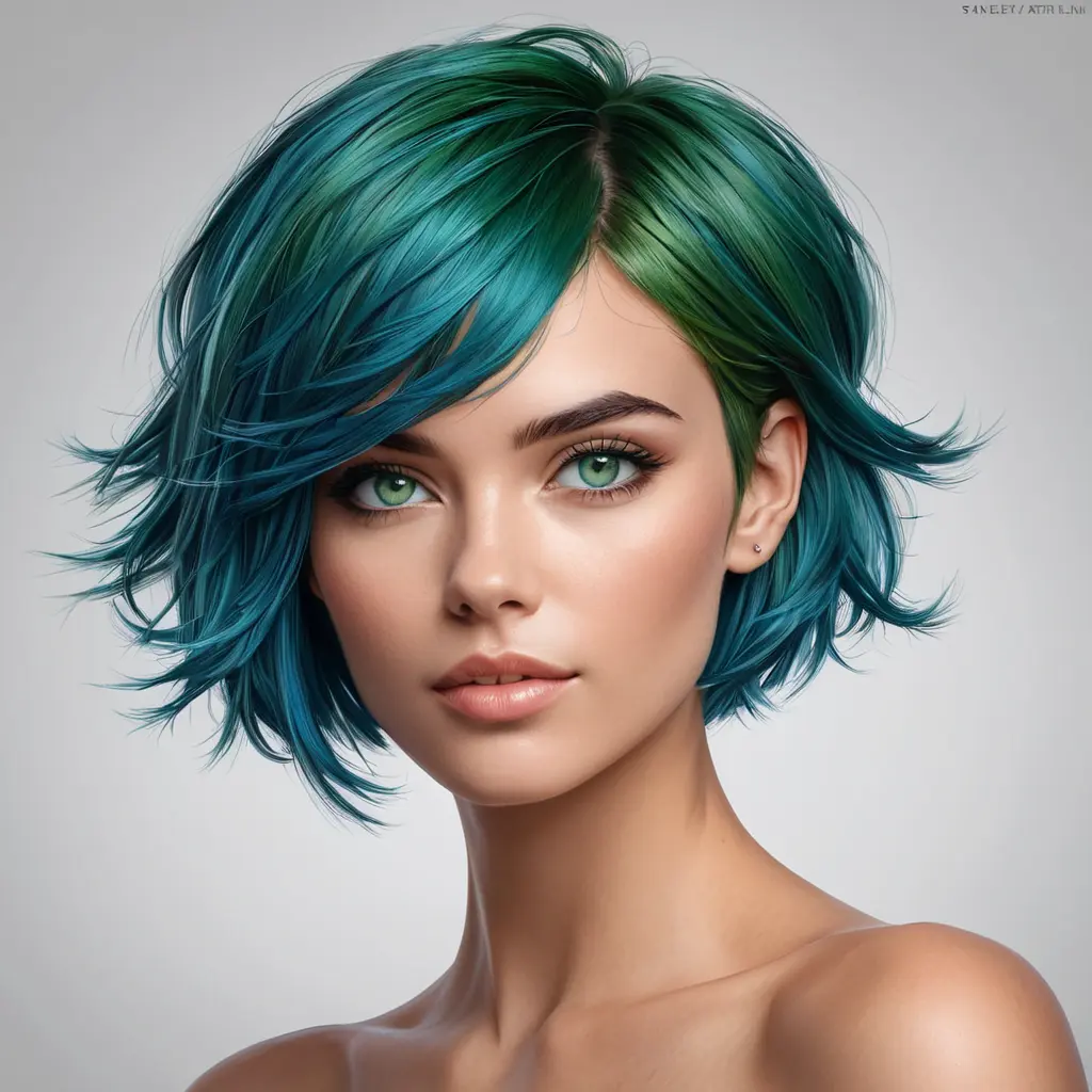 A uniquely beautiful woman with short, choppy blue hair, vibrant green eyes, and a bold, unconventional style, radiating individuality and confidence, Highly Detailed, Half Body, Gorgeous, Stunning, Elegant by Stanley Artgerm Lau