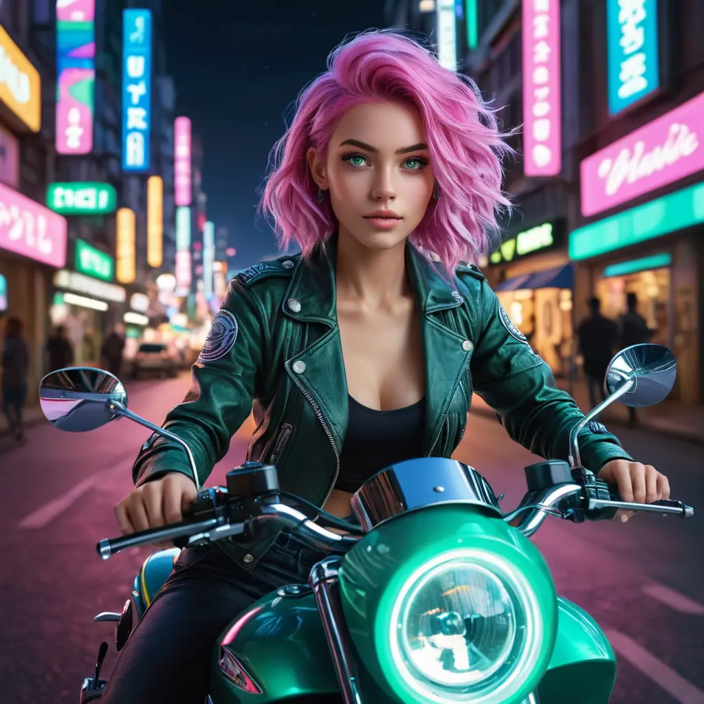 A woman with pink hair and heterochromatic eyes (one blue, one green), riding her motorcycle through neon-lit city streets at night, Highly Detailed, Intricate, Half Body, Realistic