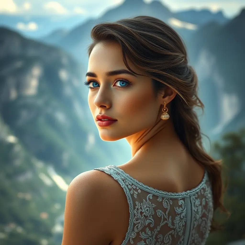 a stunning woman with piercing blue eyes, gazing out at a breathtaking mountain vista, Highly Detailed, Half Body, Gorgeous, Stunning, Elegant by Stanley Artgerm Lau